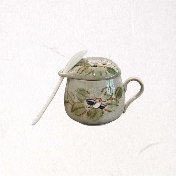Vintage Hand-painted Sage Green And Brown Pottery Bird Grinding Lid Cup